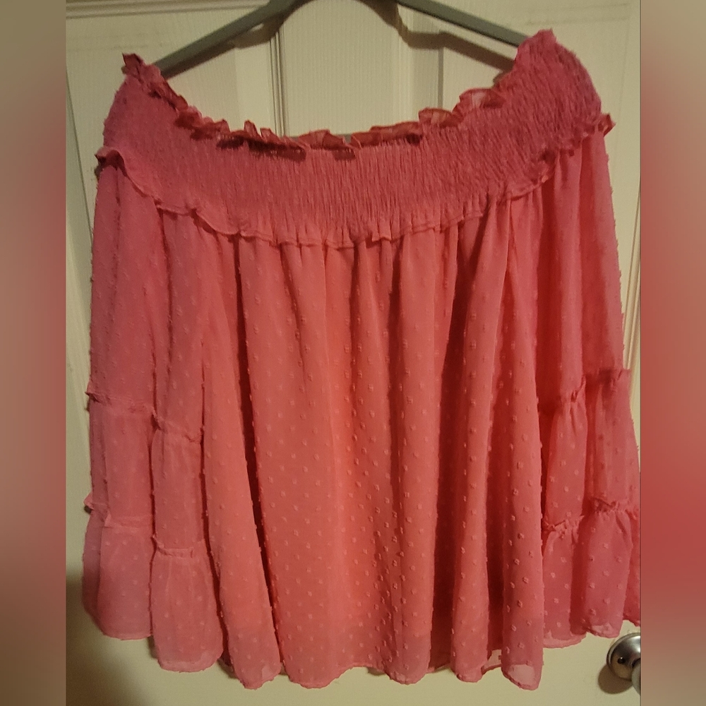 ENTRO Swiss dot Hot pink off shoulder tunic top ruffle sleeves- women's L